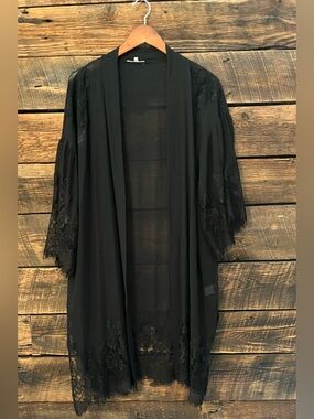 Gold Hawk silk open front lace trim robe kimono XS